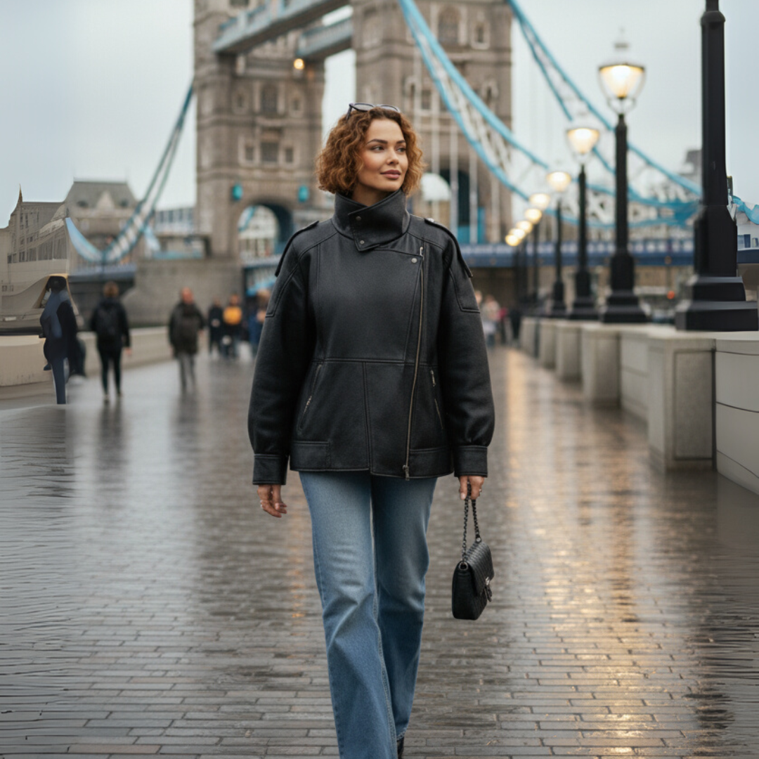 Faux Leather Funnel Neck Jacket