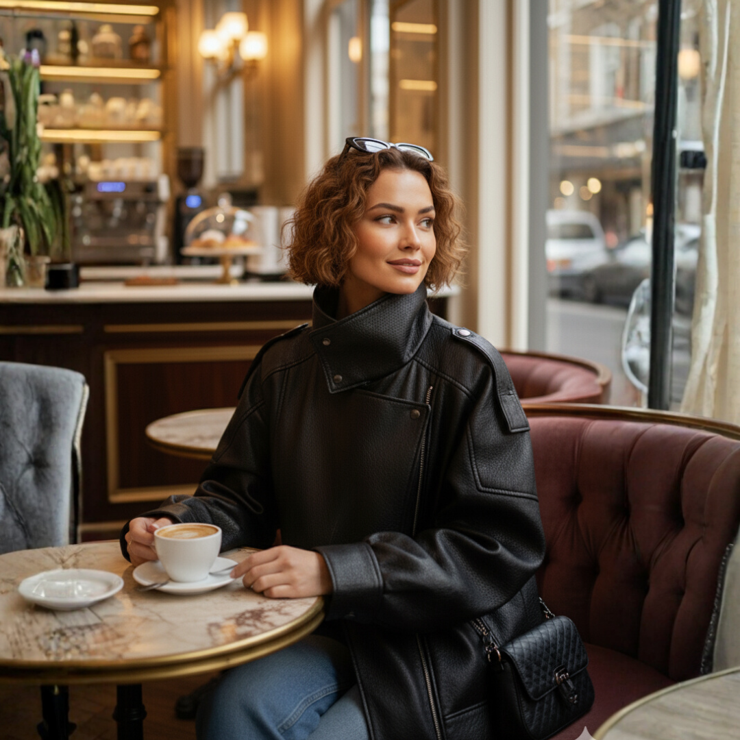 Faux Leather Funnel Neck Jacket