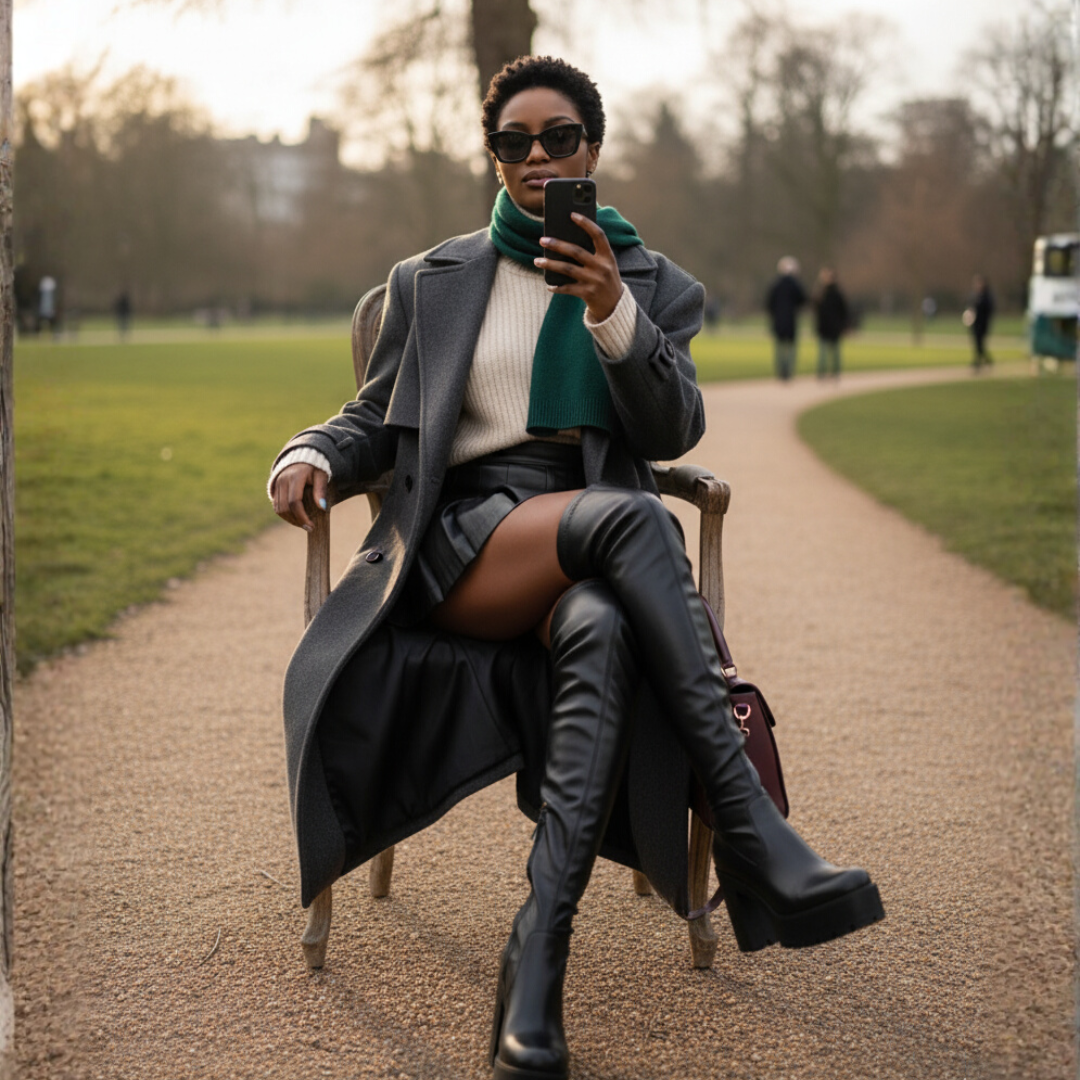 Black leather platform oversized boot